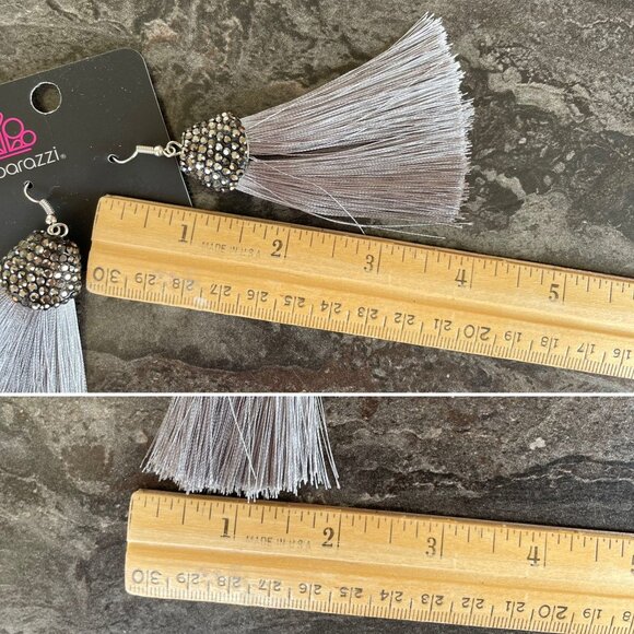 Silver Rhinestone Tassel Earrings Razzle Riot - Picture 6 of 6